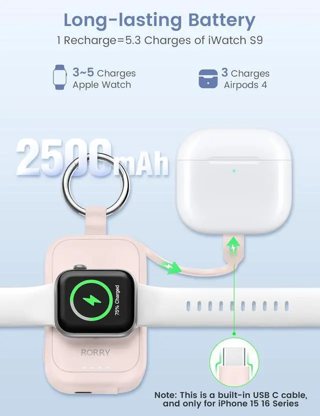 Alt view image 3 of 6 - CharmGo Charger for Apple Watch Series 9, 2500mAh Fast Charging Portable Charger for iWatch, Travel Charger with Built-in USB C Cable for Apple Watch Ultra Series 9 8 7 6 3 Accessories, Pink