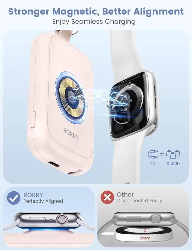 Alt view image 4 of 6 - CharmGo Charger for Apple Watch Series 9, 2500mAh Fast Charging Portable Charger for iWatch, Travel Charger with Built-in USB C Cable for Apple Watch Ultra Series 9 8 7 6 3 Accessories, Pink