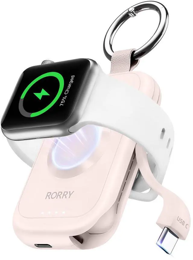 Main image of CharmGo Charger for Apple Watch Series 9, 2500mAh Fast Charging Portable Charger for iWatch, Travel Charger with Built-in USB C Cable for Apple Watch Ultra Series 9 8 7 6 3 Accessories, Pink