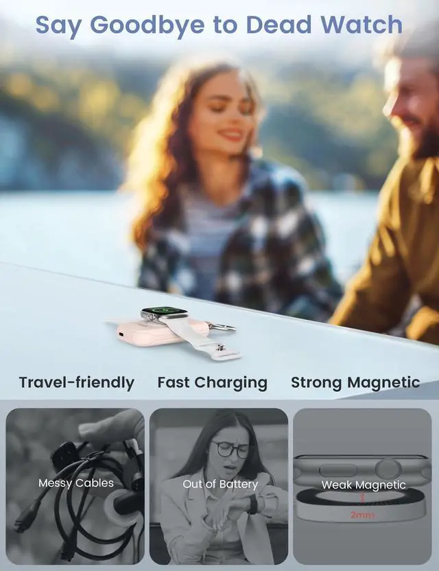 Alt view image 5 of 6 - CharmGo Charger for Apple Watch Series 9, 2500mAh Fast Charging Portable Charger for iWatch, Travel Charger with Built-in USB C Cable for Apple Watch Ultra Series 9 8 7 6 3 Accessories, Pink