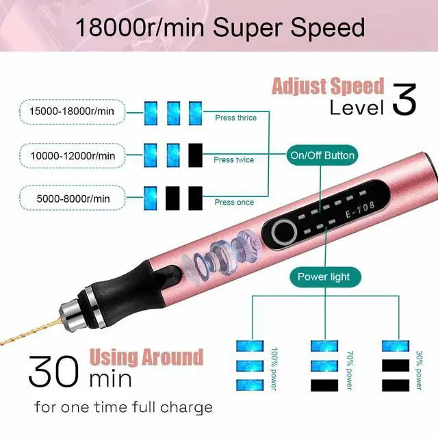 Alt view image 3 of 7 - 3-Speed Cordless Mini Drill Pen With 10 Small Drill Bits, Rechargeable Electric Hand Drill Pin Vise, Resin Drill Set For Jewelry Making, Resin, Plastic, Wood, Keychains DIY (PINK)