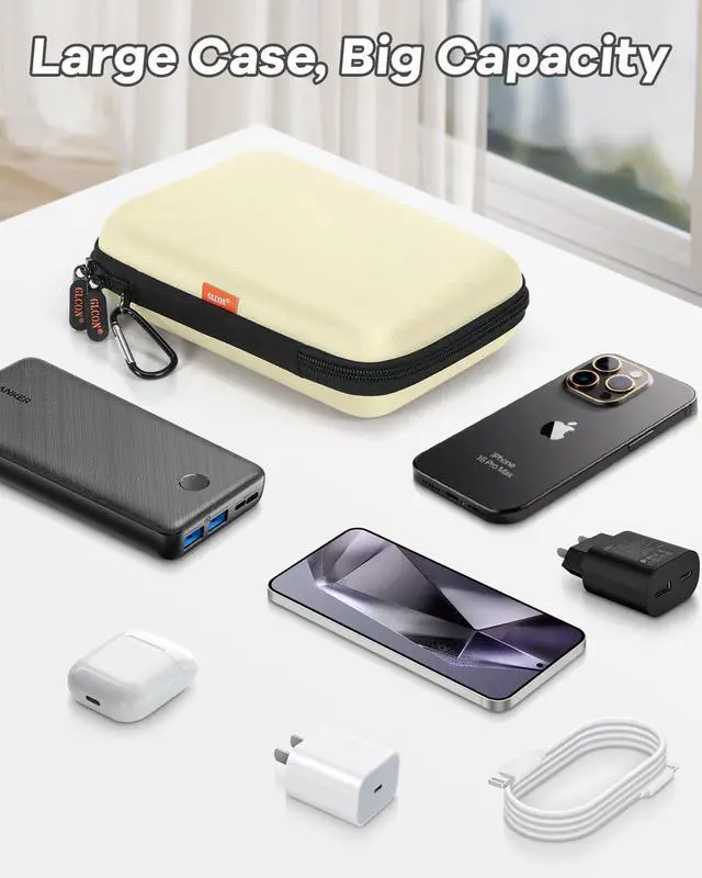 Alt view image 2 of 7 - Clean-Beige Hard Shell Case for Electronic Accessories Organizer - Large Hard Carrying Case for Power Bank, External Hard Drive, Cell Phone, Charger, Cable - Portable Protection Travel Pouch Bag