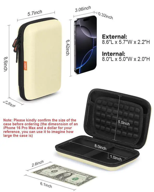 Alt view image 3 of 7 - Clean-Beige Hard Shell Case for Electronic Accessories Organizer - Large Hard Carrying Case for Power Bank, External Hard Drive, Cell Phone, Charger, Cable - Portable Protection Travel Pouch Bag