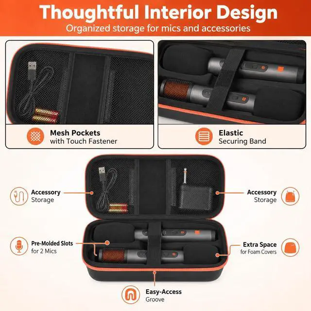 Alt view image 5 of 7 - Microphone Carrying Case for JBL EasySing Mic & for JBL PartyBox Wireless Mic 2X, Hard EVA Karaoke Mic Storage Bag Fits 2 Mics, Receiver, Cable, Batteries, Includes 2 Foam Covers, Case Only