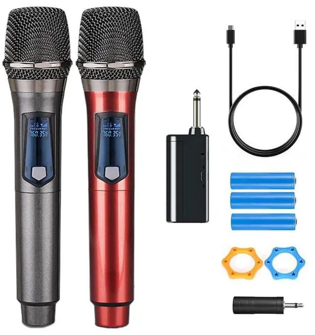 Main image of Wireless Microphones, Dual Handheld Dynamic Wireless Mic for Karaoke, Wedding, DJ, Party, Speech, Church, Class, PA System, 200ft, Gray & Red