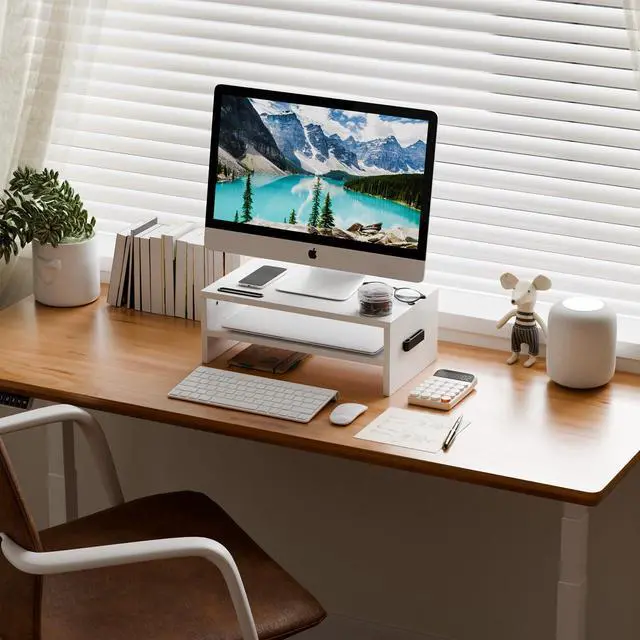 Alt view image 2 of 7 - Monitor Stand Riser, 16.5 Inch 2 Tier Computer Printer Shelf Stand for Laptop Computer Screen Storage, Desktop Stand with Phone Holder and Cable Management (White)
