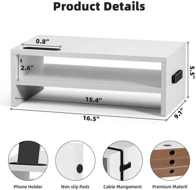Alt view image 3 of 7 - Monitor Stand Riser, 16.5 Inch 2 Tier Computer Printer Shelf Stand for Laptop Computer Screen Storage, Desktop Stand with Phone Holder and Cable Management (White)