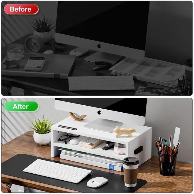 Alt view image 4 of 7 - Monitor Stand Riser, 16.5 Inch 2 Tier Computer Printer Shelf Stand for Laptop Computer Screen Storage, Desktop Stand with Phone Holder and Cable Management (White)