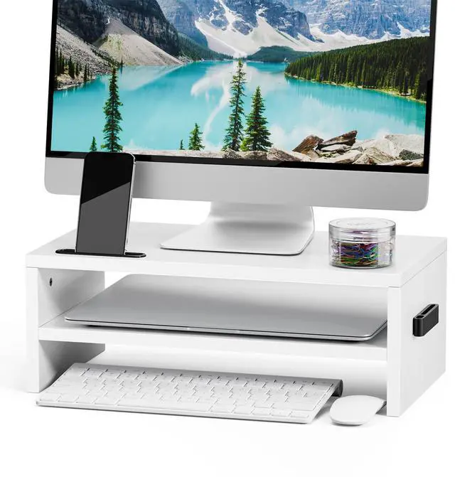 Main image of Monitor Stand Riser, 16.5 Inch 2 Tier Computer Printer Shelf Stand for Laptop Computer Screen Storage, Desktop Stand with Phone Holder and Cable Management (White)
