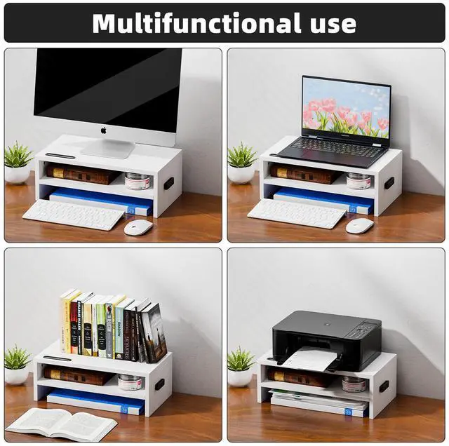 Alt view image 7 of 7 - Monitor Stand Riser, 16.5 Inch 2 Tier Computer Printer Shelf Stand for Laptop Computer Screen Storage, Desktop Stand with Phone Holder and Cable Management (White)