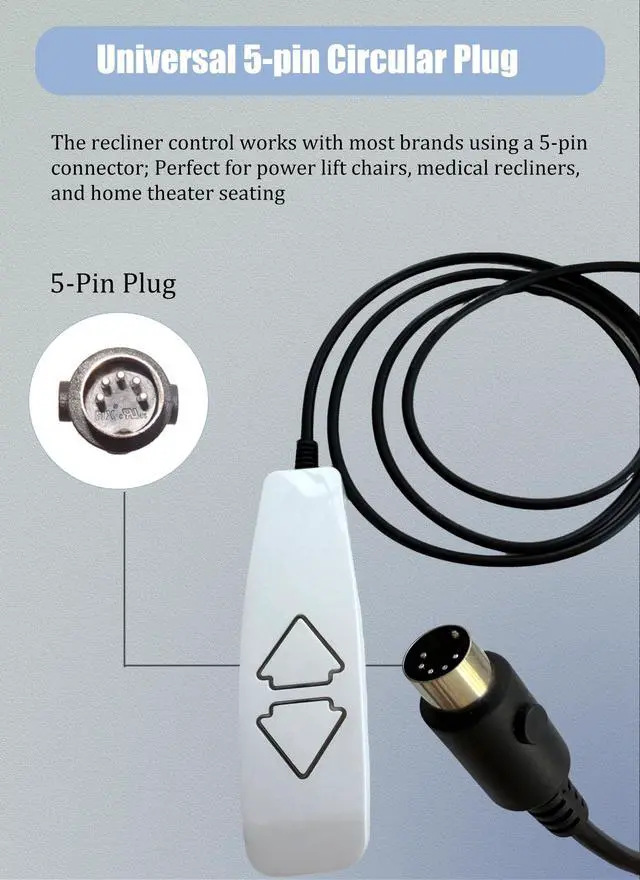 Alt view image 2 of 7 - Lift Chair Remote Replacement, 5 Pin 2 Lighted Button Hand Control with 6Ft Cord for Power Lift Recliner Chairs Accessories, Recliner Control Replacement Parts