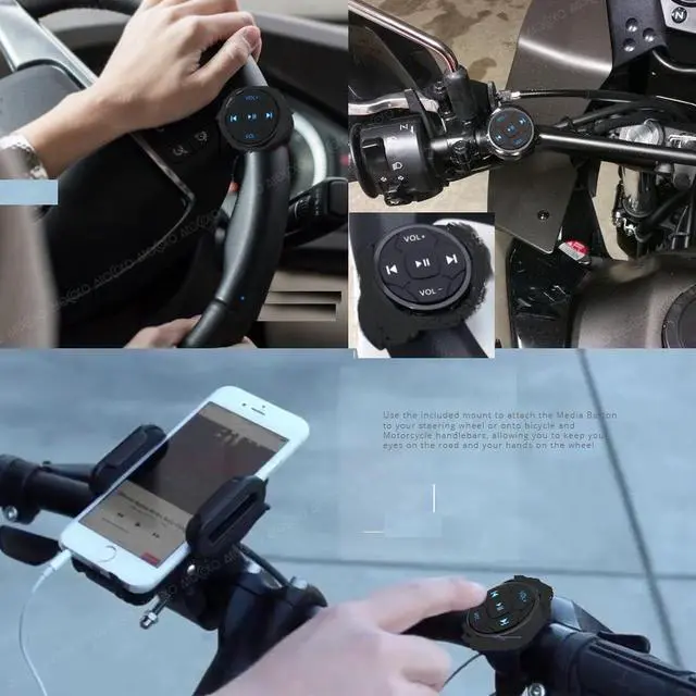 Alt view image 7 of 7 - Wireless Bluetooth Media Button Remote Selfie Music Control Start Siri for iPhone Apply to Car Motorcycle Steering Wheel with Blue Button Light,Come with Mount