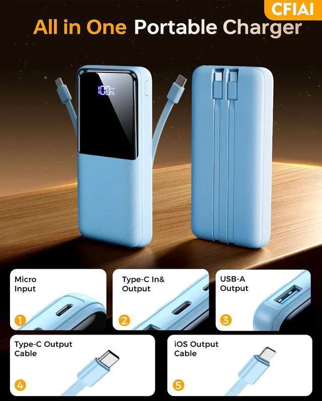 Alt view image 2 of 7 - Portable Charger Power Bank, 50% Larger Capacity 20000mAh Battery Pack with Built in Cable, 22.5W Fast Charging Travel Camping Essential Powerbank for iPhone 17 16 Pro iPad Samsung S26 Google, Ocean