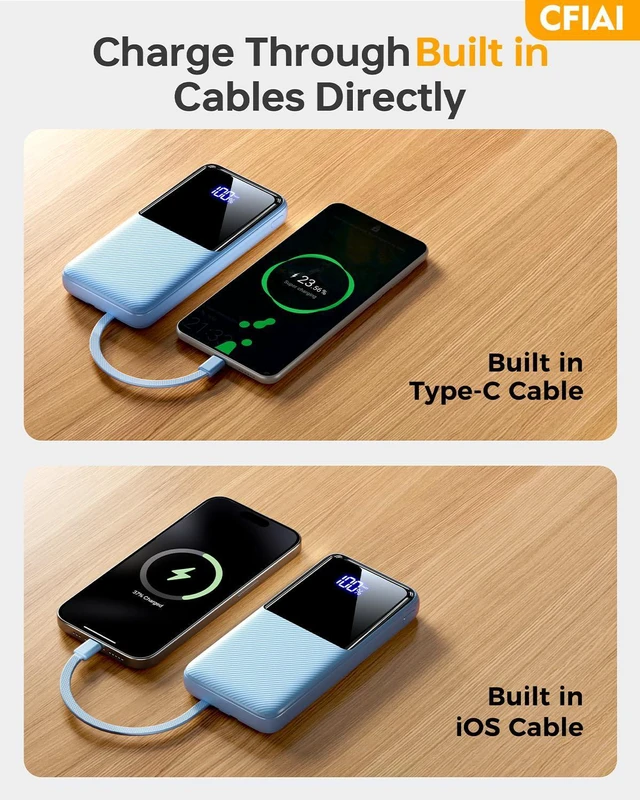 Alt view image 4 of 7 - Portable Charger Power Bank, 50% Larger Capacity 20000mAh Battery Pack with Built in Cable, 22.5W Fast Charging Travel Camping Essential Powerbank for iPhone 17 16 Pro iPad Samsung S26 Google, Ocean