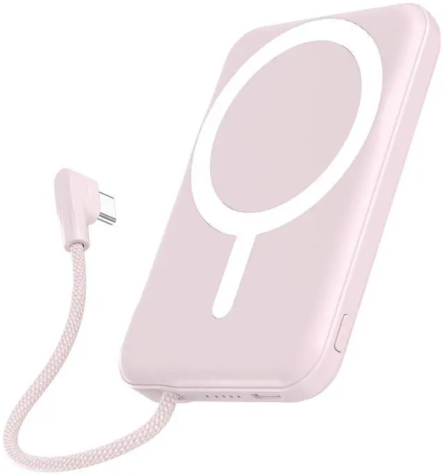 Main image of for Magsafe Power Bank, 5000mAh Magnetic Portable Charger with Built-in USB-C Cable, Wireless Battery Pack with 20W PD Fast Charging for iPhone 17/16/15/14/13/12 All Series-Light Pink