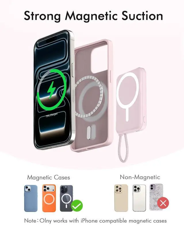 Alt view image 2 of 7 - for Magsafe Power Bank, 5000mAh Magnetic Portable Charger with Built-in USB-C Cable, Wireless Battery Pack with 20W PD Fast Charging for iPhone 17/16/15/14/13/12 All Series-Light Pink