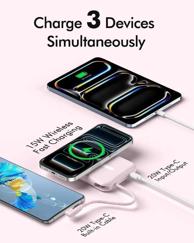Alt view image 3 of 7 - for Magsafe Power Bank, 5000mAh Magnetic Portable Charger with Built-in USB-C Cable, Wireless Battery Pack with 20W PD Fast Charging for iPhone 17/16/15/14/13/12 All Series-Light Pink