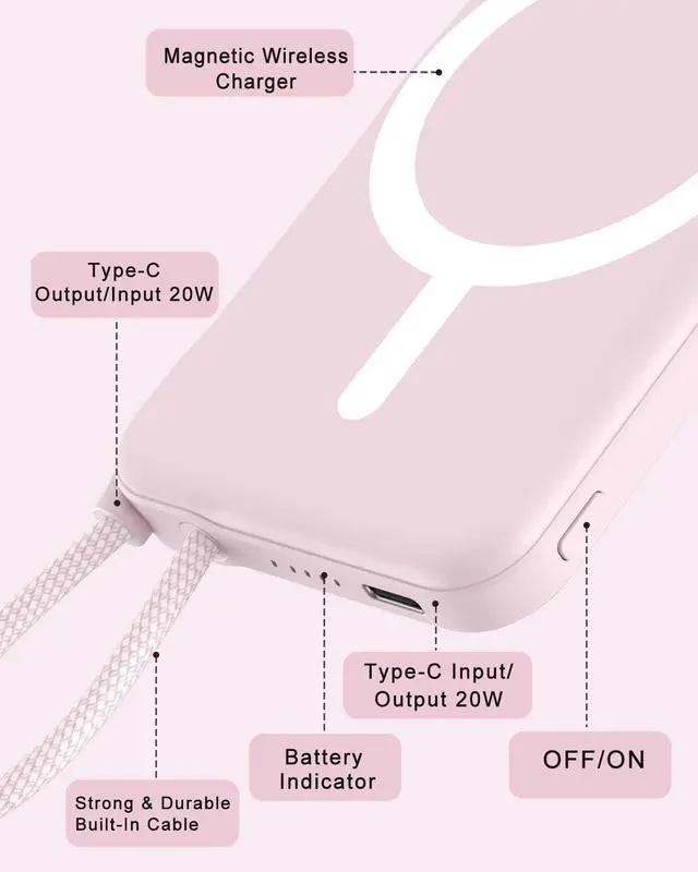 Alt view image 5 of 7 - for Magsafe Power Bank, 5000mAh Magnetic Portable Charger with Built-in USB-C Cable, Wireless Battery Pack with 20W PD Fast Charging for iPhone 17/16/15/14/13/12 All Series-Light Pink