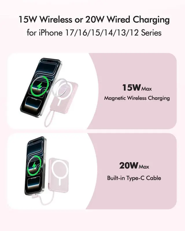 Alt view image 4 of 7 - for Magsafe Power Bank, 5000mAh Magnetic Portable Charger with Built-in USB-C Cable, Wireless Battery Pack with 20W PD Fast Charging for iPhone 17/16/15/14/13/12 All Series-Light Pink