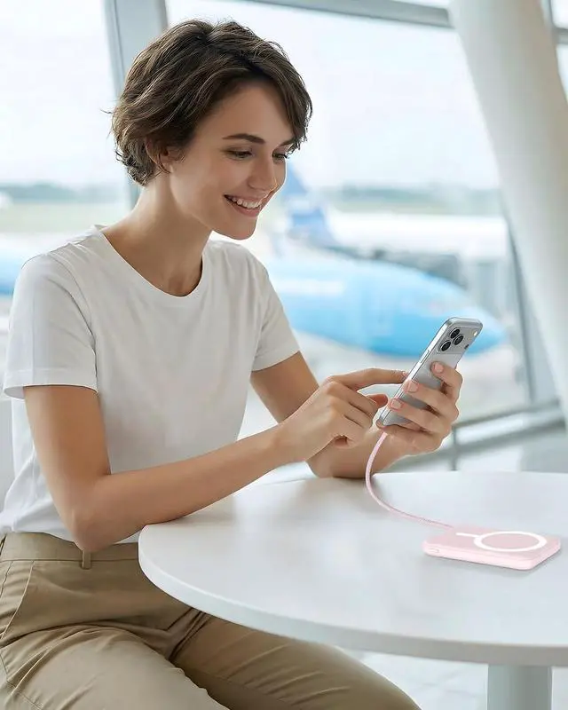 Alt view image 7 of 7 - for Magsafe Power Bank, 5000mAh Magnetic Portable Charger with Built-in USB-C Cable, Wireless Battery Pack with 20W PD Fast Charging for iPhone 17/16/15/14/13/12 All Series-Light Pink