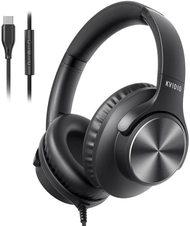 Main image of Wired Headphones with Mic, Volume & Playback Control, Over-Ear Foldable Headphones, USB-C Plug, 90° Swivel Ear Cups, 4.9ft Tangle-Free Cord for Tablet, Laptop, PC, School, Travel (Black)