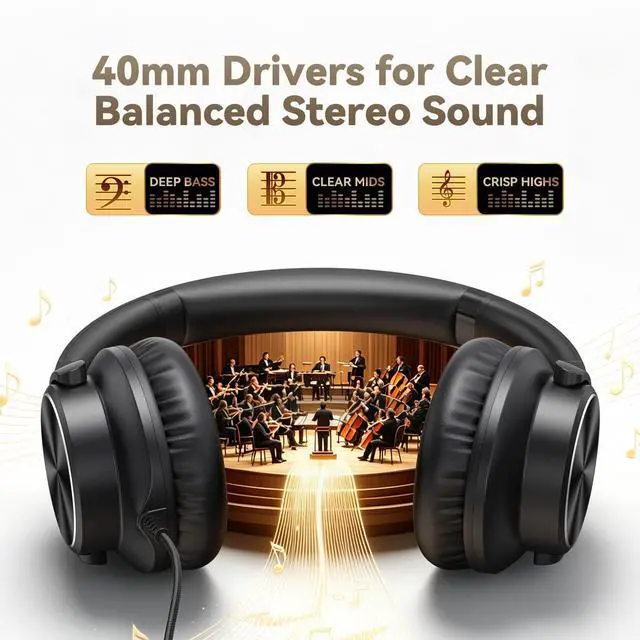 Alt view image 2 of 7 - Wired Headphones with Mic, Volume & Playback Control, Over-Ear Foldable Headphones, USB-C Plug, 90° Swivel Ear Cups, 4.9ft Tangle-Free Cord for Tablet, Laptop, PC, School, Travel (Black)