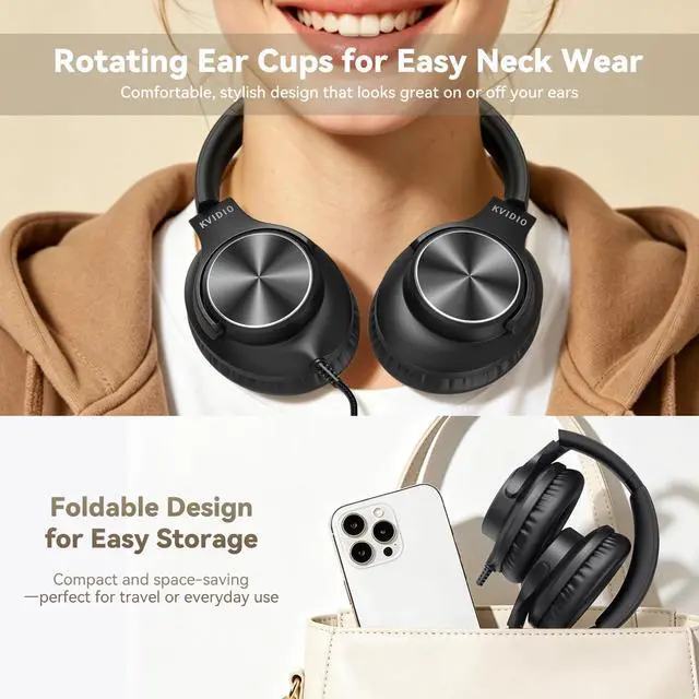Alt view image 5 of 7 - Wired Headphones with Mic, Volume & Playback Control, Over-Ear Foldable Headphones, USB-C Plug, 90° Swivel Ear Cups, 4.9ft Tangle-Free Cord for Tablet, Laptop, PC, School, Travel (Black)