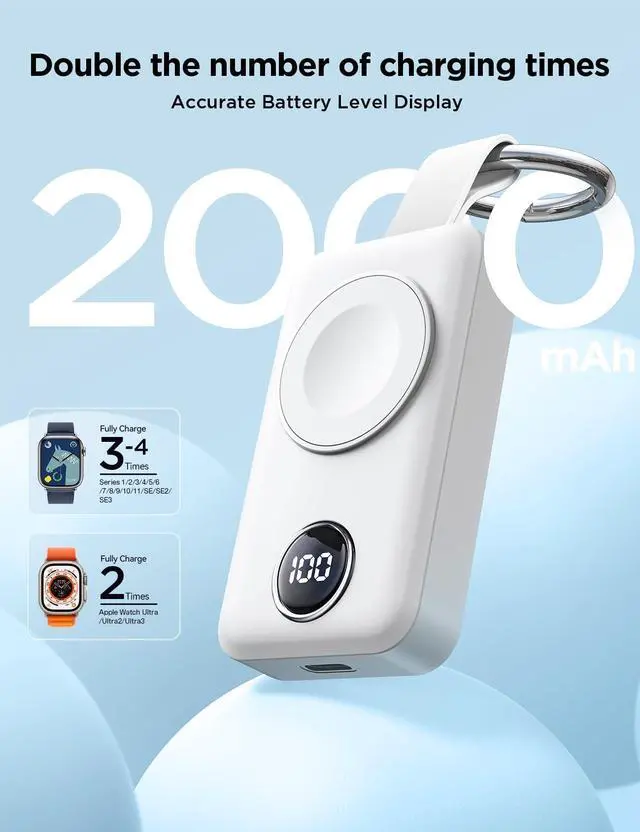 Alt view image 2 of 7 - Portable 2000mAh Wireless Charger Compatible for Apple Watch Series 9/8/7/6/5/SE/4/3/2/UItra 2/Ultra, Compact Magnetic iWatch Charger Keychain Style Travel Essentials
