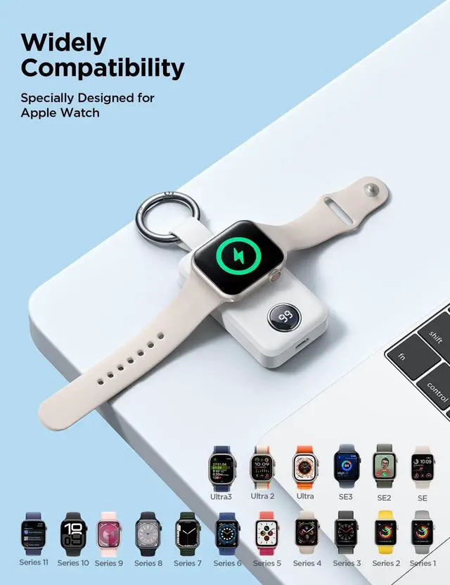Alt view image 6 of 7 - Portable 2000mAh Wireless Charger Compatible for Apple Watch Series 9/8/7/6/5/SE/4/3/2/UItra 2/Ultra, Compact Magnetic iWatch Charger Keychain Style Travel Essentials
