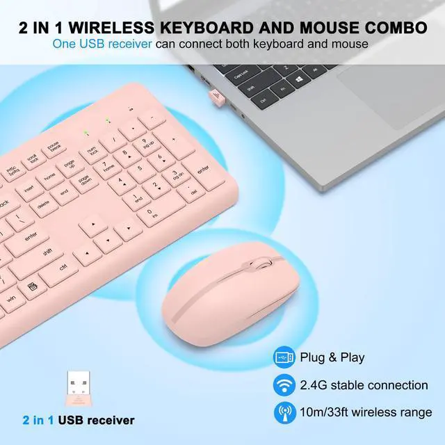 Alt view image 2 of 7 - Wireless Keyboard and Mouse Combo, Full Size Silent Ergonomic Keyboard and Mouse, Long Battery Life, Optical Mouse, 2.4G Lag-Free Cordless Mice Keyboard for Computer, Mac, Laptop, PC, Windows(Pink)