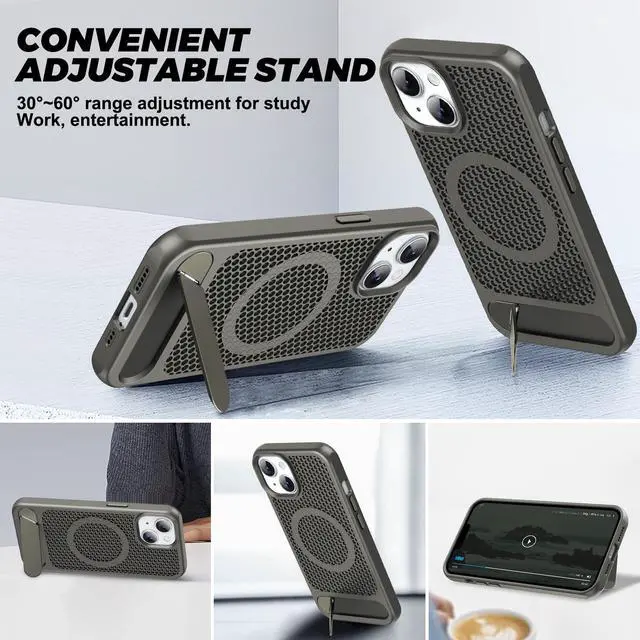 Alt view image 3 of 6 - for Magnetic Heat Dissipatio case for iPhone 13/14, for MagSafe, Cooling Drop Protection, Adjustable Kickstand case, Ice Armour Cool Matte Material - Grey
