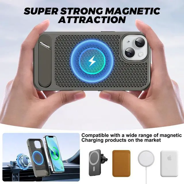 Alt view image 4 of 6 - for Magnetic Heat Dissipatio case for iPhone 13/14, for MagSafe, Cooling Drop Protection, Adjustable Kickstand case, Ice Armour Cool Matte Material - Grey