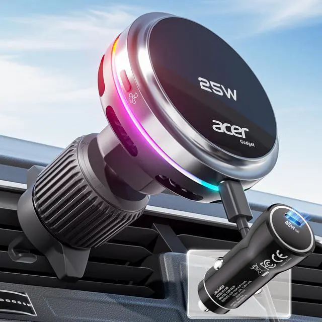 Main image of Gadget 25W for MagSafe Car Mount Charger, Wireless Car Charger with Cooling Fan & Backlight, Vent Phone Mount with 45W Car Adapter, 360° Rotation Magnetic Phone Holder for iPhone 17/16/15/14/13
