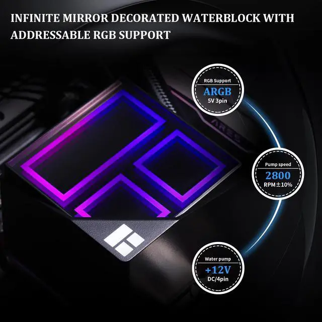 Alt view image 4 of 5 - Frozen Infinity 360 Black CPU Water Cooler with Triple 124mm Infinity Mirror PWM Fans, 360mm Radiator for Intel 1150/1151/1200/1700/1851 and AMD AM4/AM5
