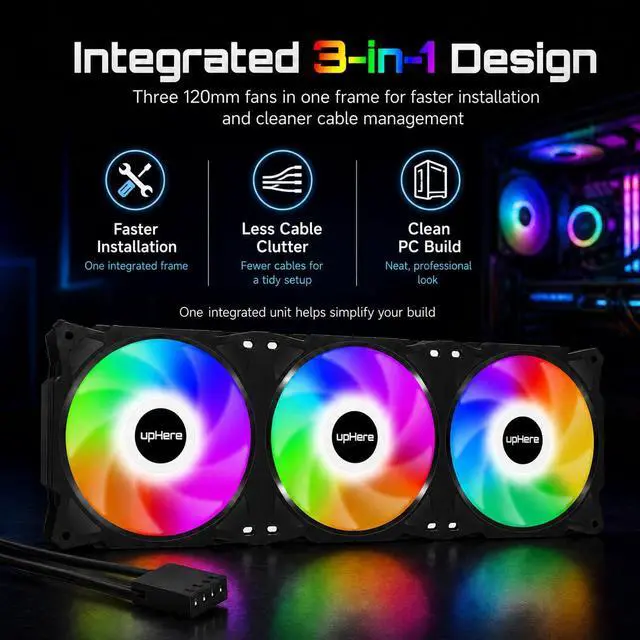 Alt view image 2 of 7 - 360mm All-in-One Auto RGB PC Case Fan, 4-Pin PWM High Performance Cooling Fan, 3×120mm Integrated Low Noise Computer Fan for PC Cases, CPU Air Coolers and Radiators, Black, PF360CF4