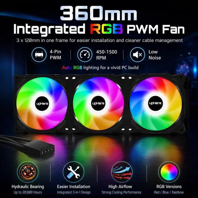 Alt view image 3 of 7 - 360mm All-in-One Auto RGB PC Case Fan, 4-Pin PWM High Performance Cooling Fan, 3×120mm Integrated Low Noise Computer Fan for PC Cases, CPU Air Coolers and Radiators, Black, PF360CF4