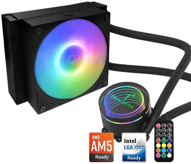 Main image of Dracaena.io 120mm AIO CPU Cooler - ARGB Remote Control, Quiet PWM ARGB Fan, Hydraulic Bearing Pump & Aluminum Radiator - for Intel LGA1700/1200/115X/2011/2066 & AMD AM5/AM4/AM3/FM2 Ryzen, Black
