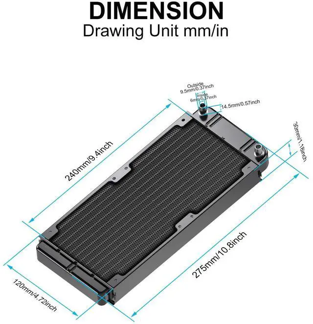 Alt view image 2 of 5 - Water Cooling Radiator, 12 Pipe Aluminum Heat Exchanger Radiator with Fan for PC CPU Computer Water Cool System DC12V 240mm Black