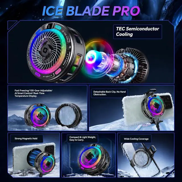 Alt view image 2 of 6 - USB Phone Fan with Real-Time Temp Display, AI Smart Control, 100-Level Fan, 4 RGB Modes, Large Cooling Area, Semiconductor Phone Cooling Fan, Magnetic & Clip-On for iPhone Android, Gaming TikTok Live