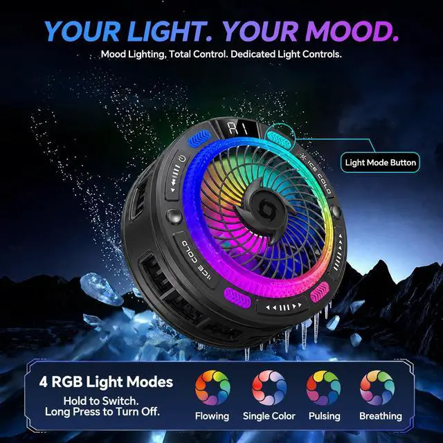 Alt view image 3 of 6 - USB Phone Fan with Real-Time Temp Display, AI Smart Control, 100-Level Fan, 4 RGB Modes, Large Cooling Area, Semiconductor Phone Cooling Fan, Magnetic & Clip-On for iPhone Android, Gaming TikTok Live