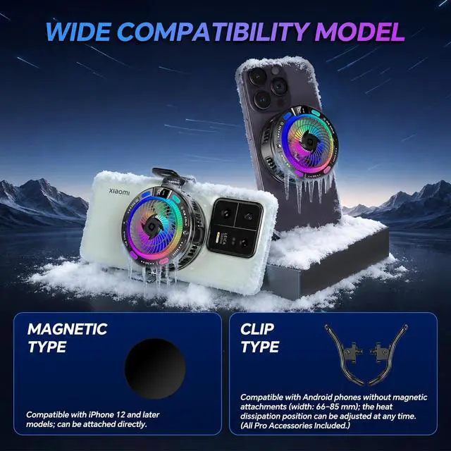 Alt view image 6 of 6 - USB Phone Fan with Real-Time Temp Display, AI Smart Control, 100-Level Fan, 4 RGB Modes, Large Cooling Area, Semiconductor Phone Cooling Fan, Magnetic & Clip-On for iPhone Android, Gaming TikTok Live
