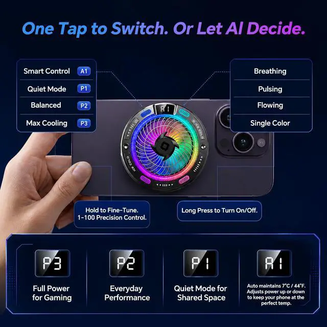Alt view image 5 of 6 - USB Phone Fan with Real-Time Temp Display, AI Smart Control, 100-Level Fan, 4 RGB Modes, Large Cooling Area, Semiconductor Phone Cooling Fan, Magnetic & Clip-On for iPhone Android, Gaming TikTok Live