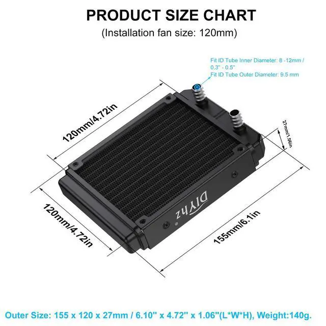 Alt view image 2 of 6 - Water Cooling Computer Radiator, 12 Pipe Aluminum Heat Exchanger Liquid Cooling Radiator Heat Sink 120mm for CPU PC Laser Water Cool System DC12V Black with Tube