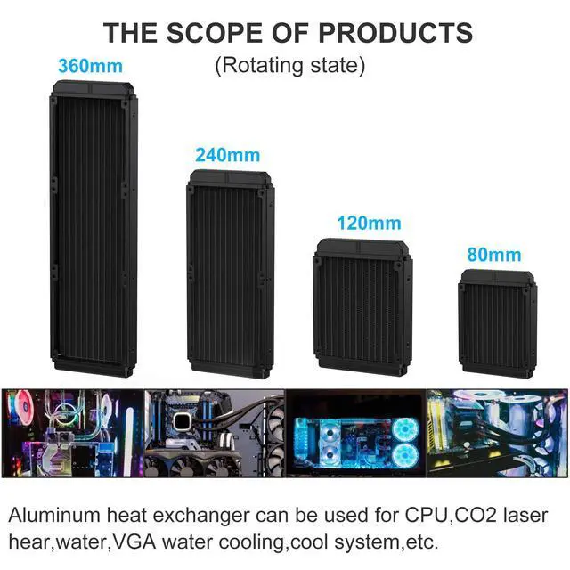 Alt view image 4 of 6 - Water Cooling Computer Radiator, 12 Pipe Aluminum Heat Exchanger Liquid Cooling Radiator Heat Sink 120mm for CPU PC Laser Water Cool System DC12V Black with Tube