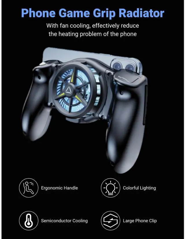 Alt view image 2 of 7 - Phone Game Grip, Semiconductor, Adjustable Mobile Controller Handle Holder with Colorful Light Effect, Fan Cooling, for, iOS