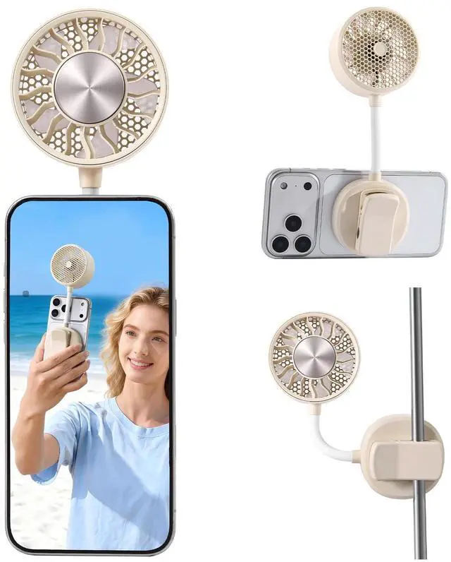 Main image of Magnetic Phone Fan with Ice Cooling, 3-in-1 Clip on Fan & Phone Stand, Rechargeable Mini Handheld Fan, 360° Flexible Gooseneck Portable Fan for Cruise Travel Desk Gym Makeup,Beige