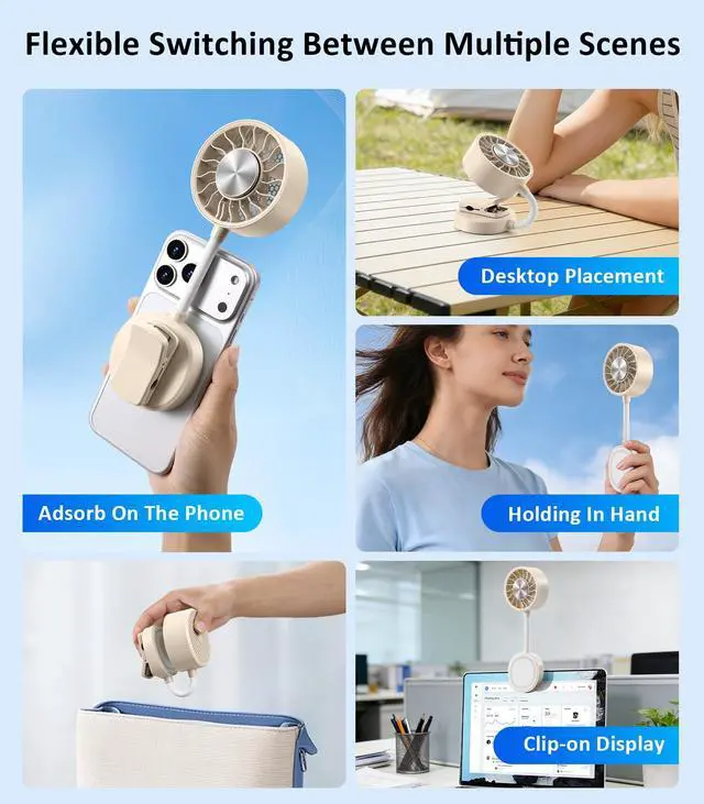 Alt view image 2 of 7 - Magnetic Phone Fan with Ice Cooling, 3-in-1 Clip on Fan & Phone Stand, Rechargeable Mini Handheld Fan, 360° Flexible Gooseneck Portable Fan for Cruise Travel Desk Gym Makeup,Beige