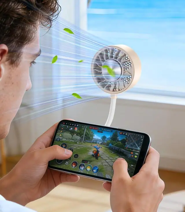 Alt view image 6 of 7 - Magnetic Phone Fan with Ice Cooling, 3-in-1 Clip on Fan & Phone Stand, Rechargeable Mini Handheld Fan, 360° Flexible Gooseneck Portable Fan for Cruise Travel Desk Gym Makeup,Beige