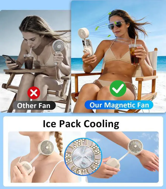 Alt view image 5 of 7 - Magnetic Phone Fan with Ice Cooling, 3-in-1 Clip on Fan & Phone Stand, Rechargeable Mini Handheld Fan, 360° Flexible Gooseneck Portable Fan for Cruise Travel Desk Gym Makeup,Beige