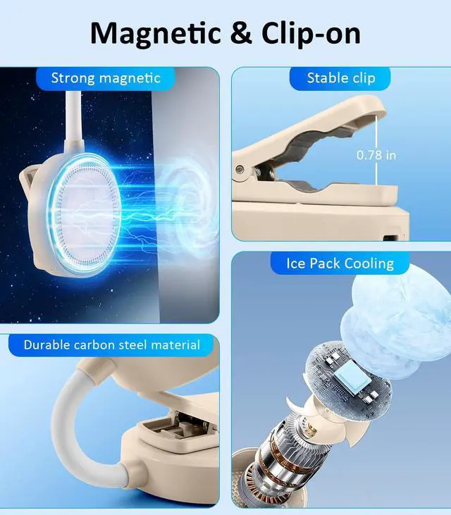 Alt view image 7 of 7 - Magnetic Phone Fan with Ice Cooling, 3-in-1 Clip on Fan & Phone Stand, Rechargeable Mini Handheld Fan, 360° Flexible Gooseneck Portable Fan for Cruise Travel Desk Gym Makeup,Beige